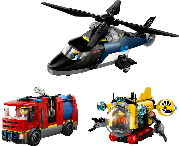City Helicopter, Fire Truck & Submarine Remix with spinning rotors, extendable hose, and bubble cockpit for imaginative play.