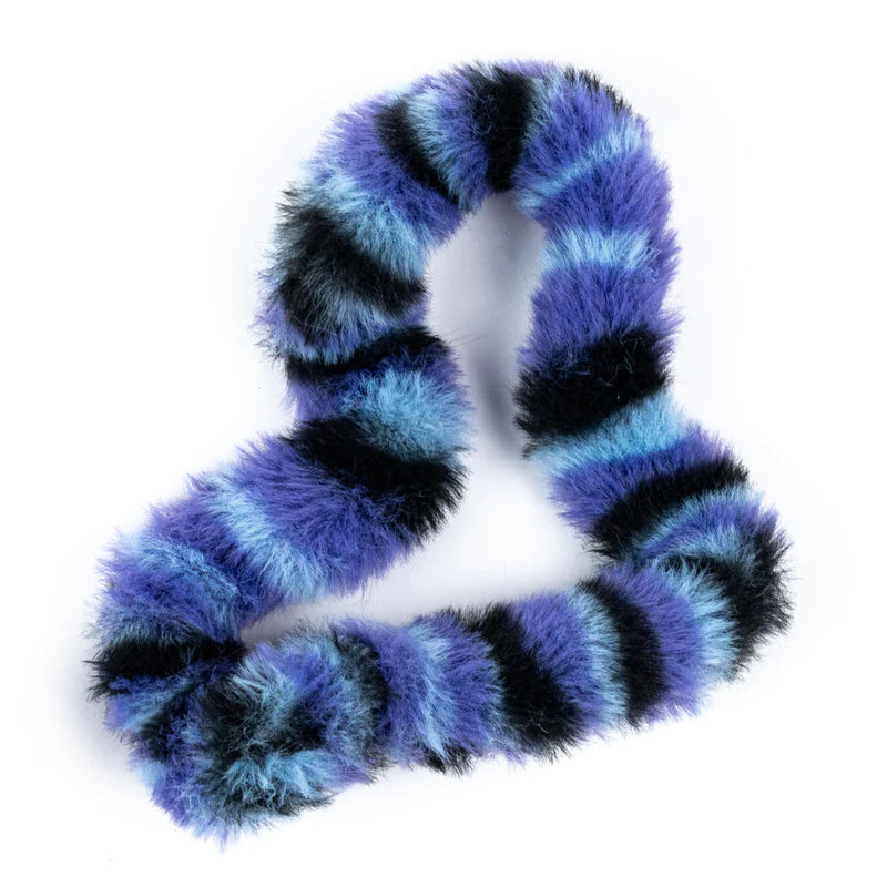Tangle | Furry tactile fidget toy in blue and black stripes, soft, bendable, and perfect for sensory play.