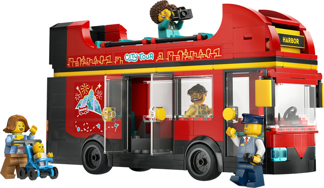 City Red Double-Decker Sightseeing Bus with open-air deck, minifigures including baby with stroller and rotating destination display.