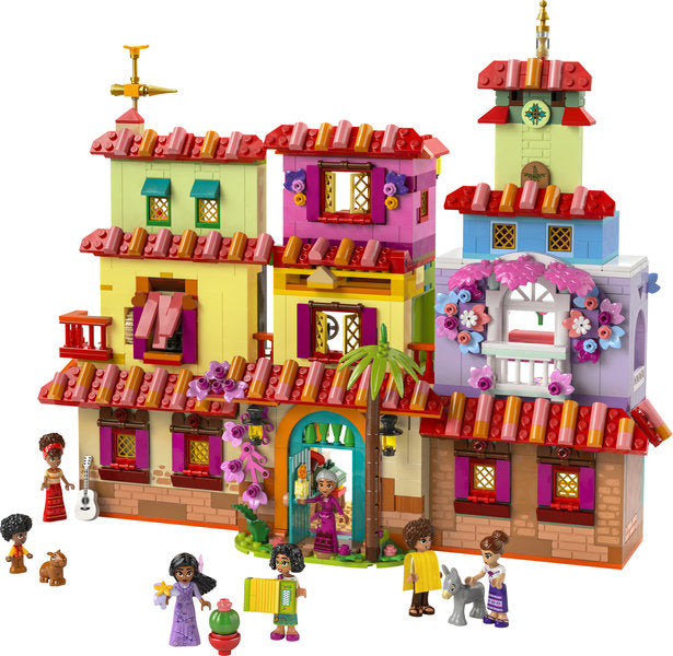 Disney Classic The Magical Madrigal House LEGO set with colorful building sections and Encanto character figures.
