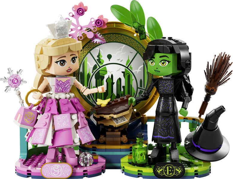 LEGO Wicked Elphaba & Glinda Figures with detailed costumes, accessories, and a Land of Oz backdrop for creative play.