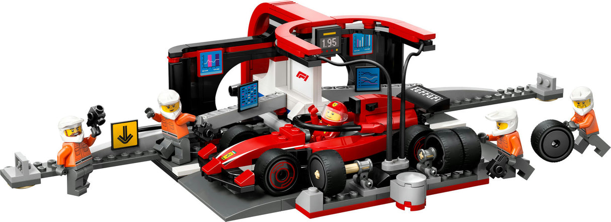 City F1 Pit Stop & Crew with Ferrari Car toy set featuring race car, driver, pit crew, and pit stop equipment.
