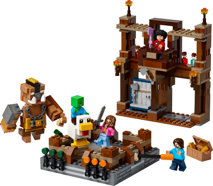 LEGO Minecraft Woodland Mansion Fighting Ring with characters, fighting ring, mansion facade, weapons, and accessories for kids.