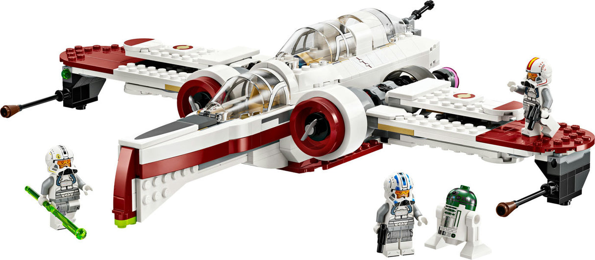 Star Wars ARC-170 Starfighter LEGO set with 3 cockpits, adjustable wings, spring-loaded shooters, and minifigures.