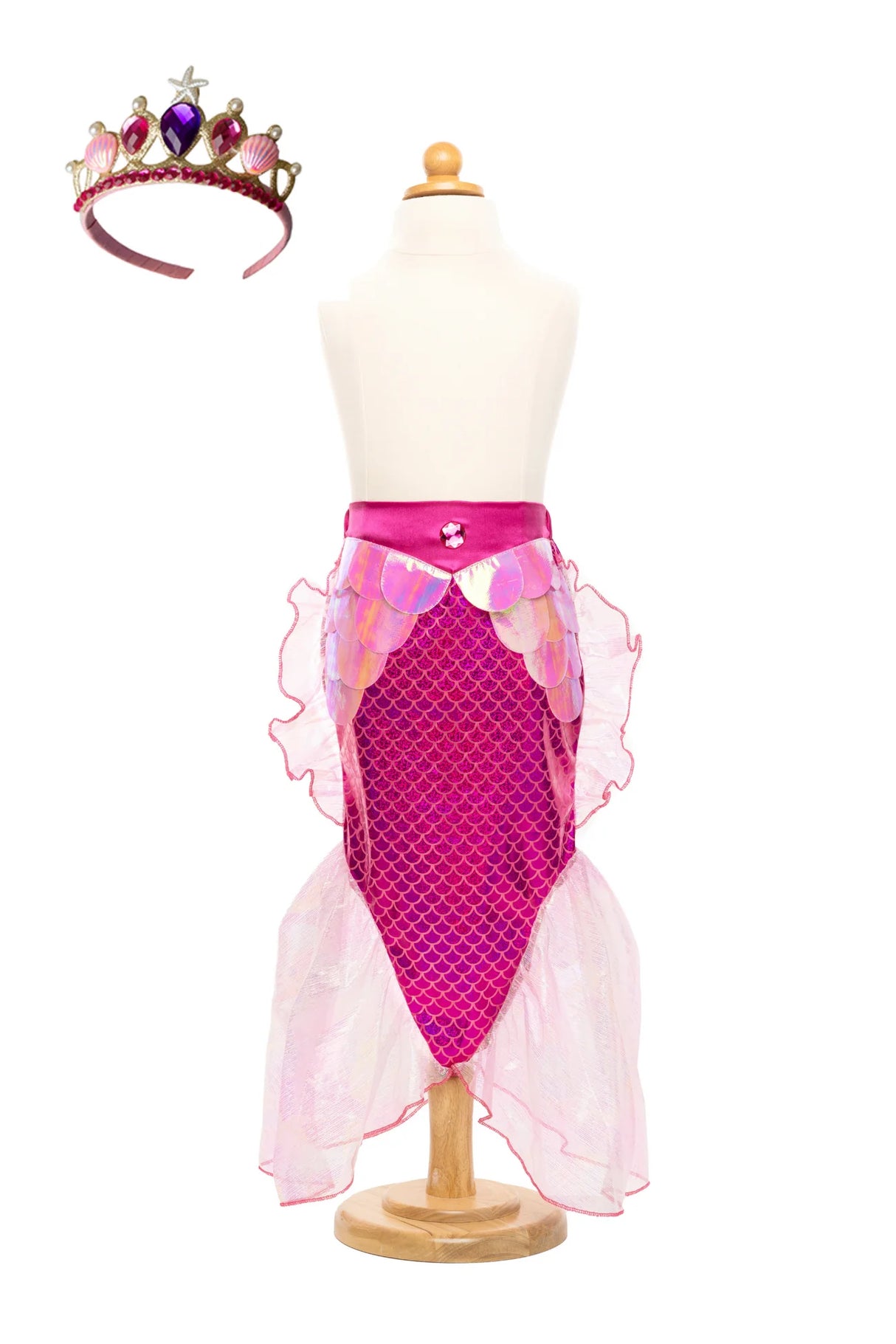 Mermaid Glimmer Skirt Set with Headband | Pink shimmering mermaid skirt with tulle fins and matching tiara headband on mannequin.