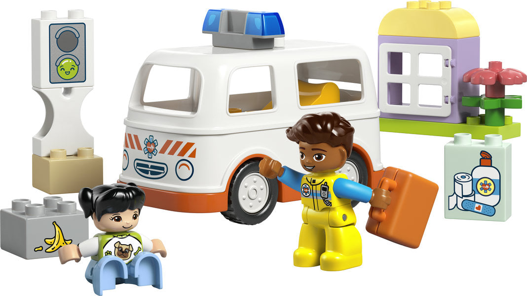 Duplo Ambulance & Driver with paramedic and girl figures, drivable ambulance, and play accessories for toddler rescue play.