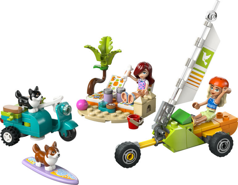 LEGO Friends Surfing Dogs and Scooter Adventure set with mini dolls, corgi figures, scooter, land yacht, and beach accessories.