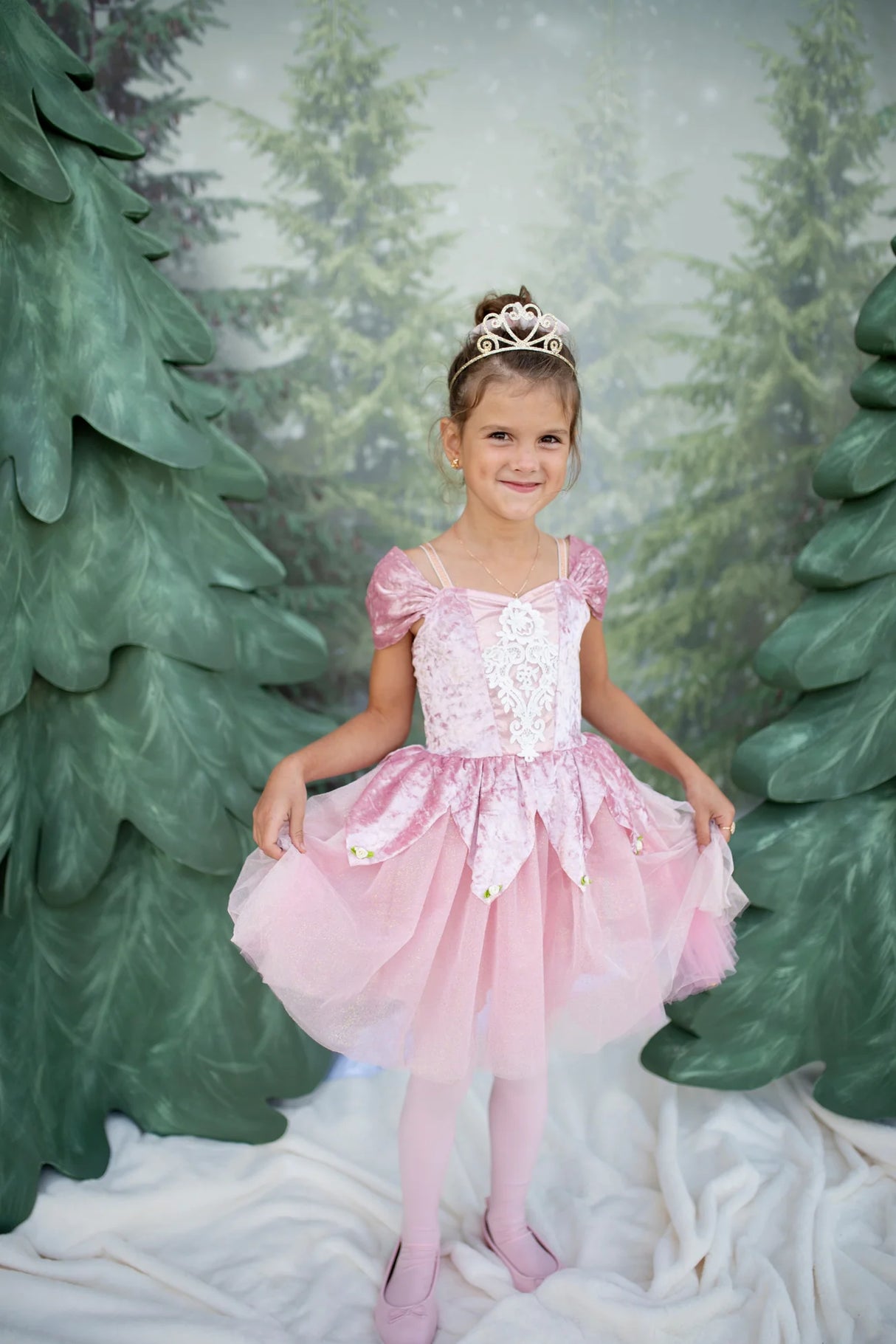 Prima Ballerina Dress | Size 5-6 worn by smiling girl in dusty-rose velvet with lace and tulle skirt perfect for holiday parties.