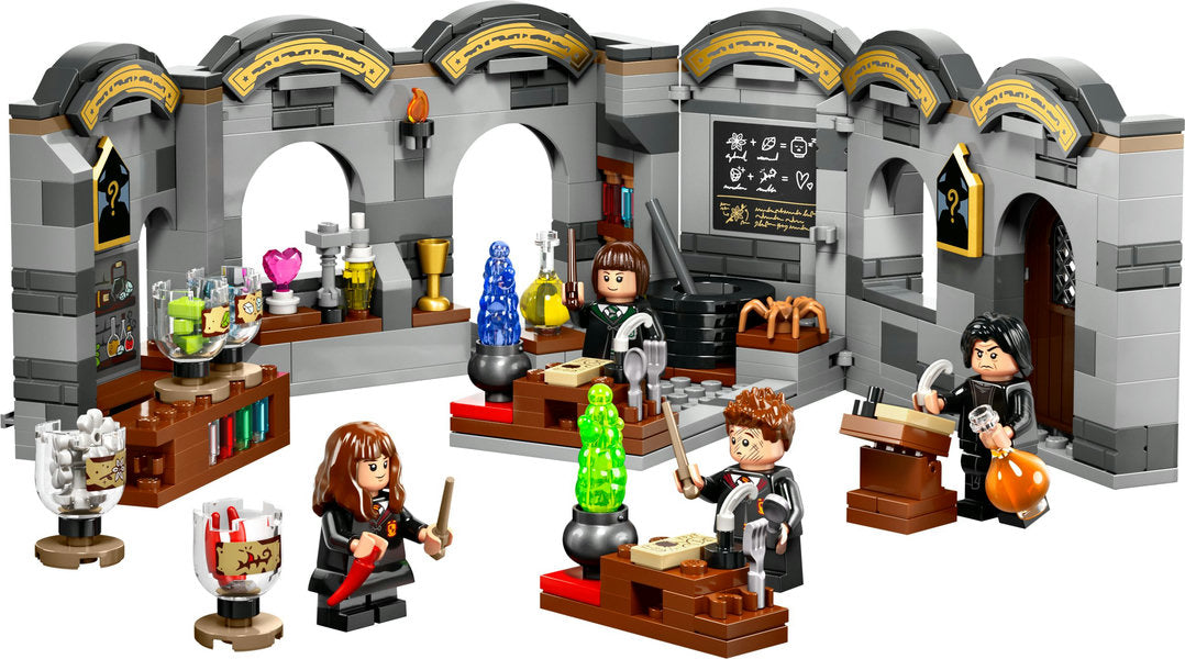 Harry Potter Hogwart's Castle: Potions Class LEGO set with minifigures, potion bottles, and detailed classroom build.