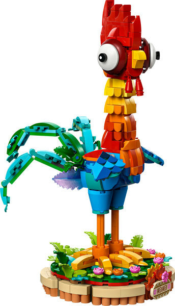 Disney Princess Heihei LEGO buildable colorful chicken with posable wings, tail, rotating head, and decorative flower stand.