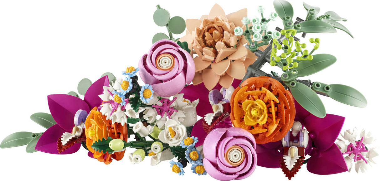 Botanicals Pretty Pink Flower Bouquet LEGO set with 15 adjustable flower stems including roses, daisies, and orchids.