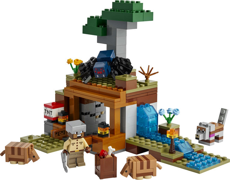 Minecraft The Armadillo Mine Expedition set featuring a savanna mine, TNT function, armadillos, cave spider, wolf, river, and lava fall.