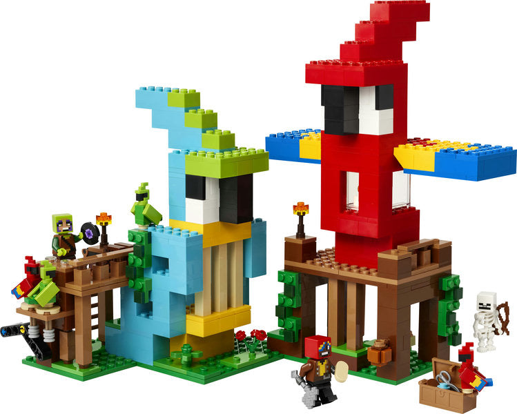 Minecraft The Parrot Houses with buildable red and blue parrot houses, minifigures, and colorful parrots for imaginative play.
