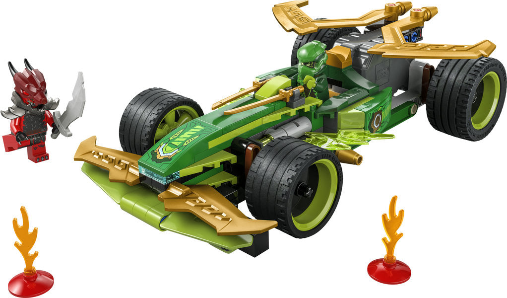 Ninjago Lloyd's Pull-Back Race Car with green lightning blades, minifigures Lloyd and Dragonian Warrior, and accessory swords.