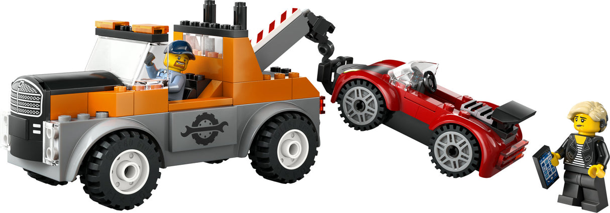 City Tow Truck and Sports Car Repair with toy tow truck, red sports car, driver and motorist minifigures for imaginative play.