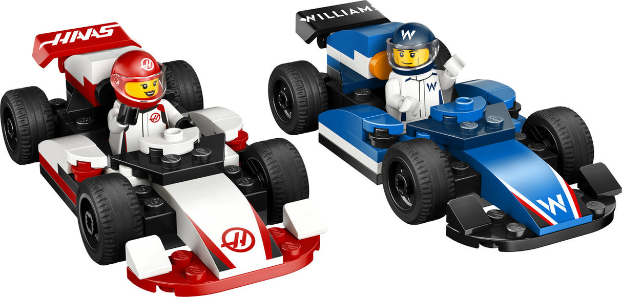 City F1 Williams Racing & Haas F1 Race Cars LEGO set with two F1 race car toys and driver minifigures for kids ages 4 and up.