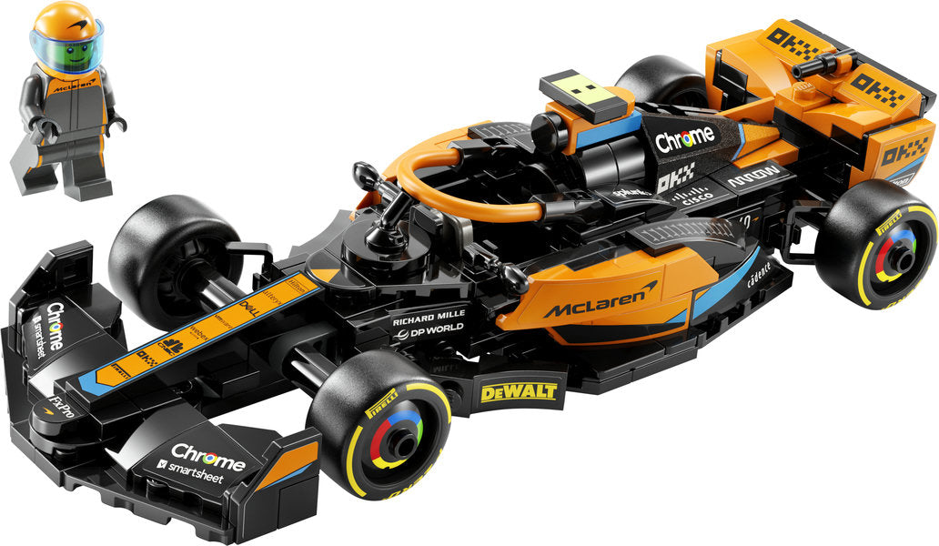 Speed 2023 McLaren Formula 1 Car LEGO model with black and papaya livery, driver minifigure, and detailed racing features.
