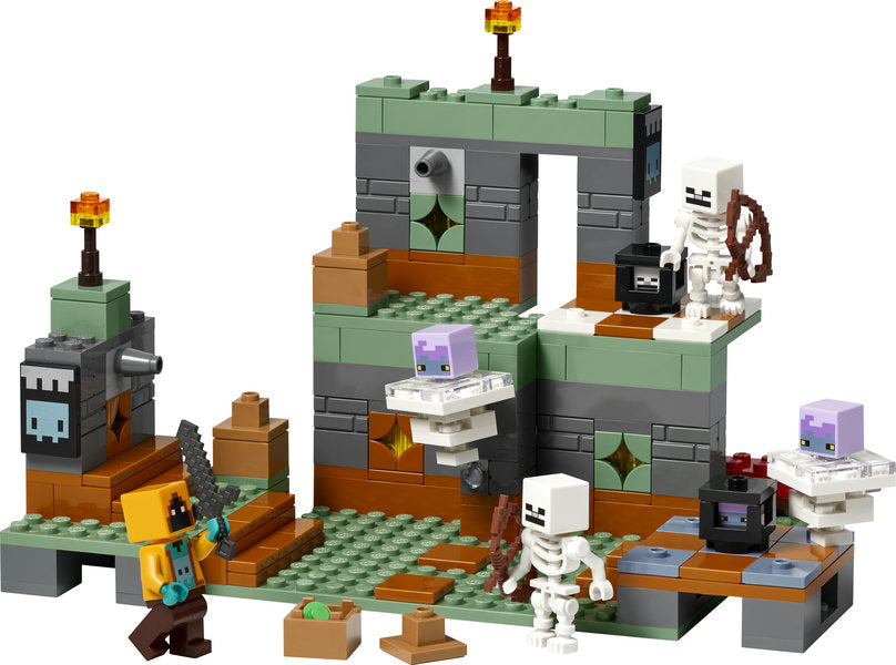 Minecraft The Trial Chamber LEGO set with skeletons, figures, spring-loaded missile launchers, and treasure pots for kids aged 8+.