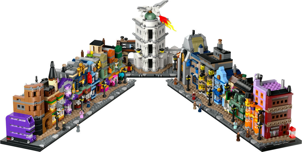 Harry Potter Diagon Alley Wizarding Shops microscale LEGO display featuring iconic wizarding buildings and the Knight Bus.