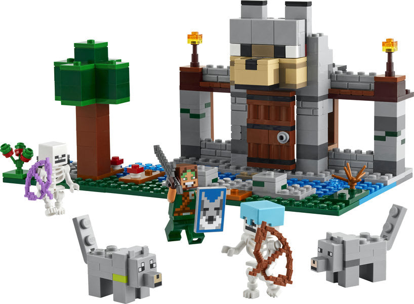 LEGO Minecraft The Wolf Stronghold set with wolf fortress, two wolves, skeleton figures, tree, and various Minecraft accessories.