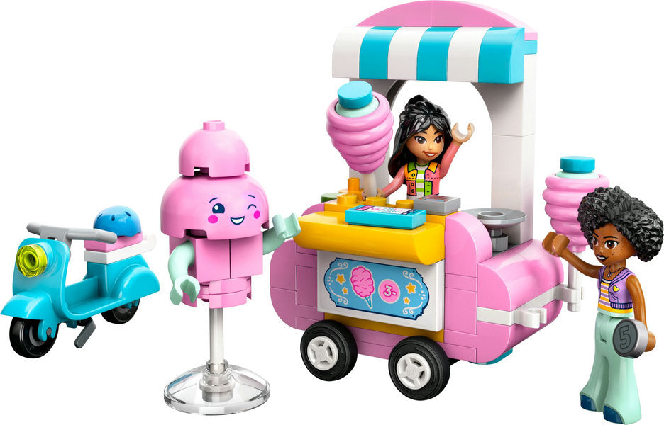 LEGO Friends Cotton Candy Stand and Scooter with two minidolls, mobile cart, scooter, mascot, and accessories.