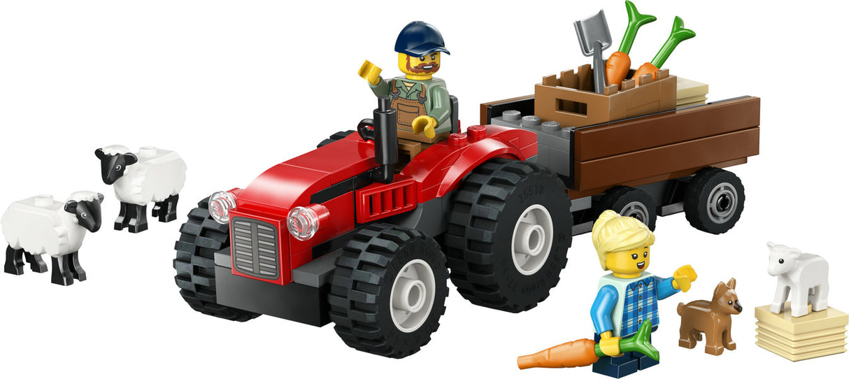 City Red Farm Tractor with Trailer toy set featuring tractor, trailer with carrots, hay bales, two sheep, lamb, puppy, and minifigures.