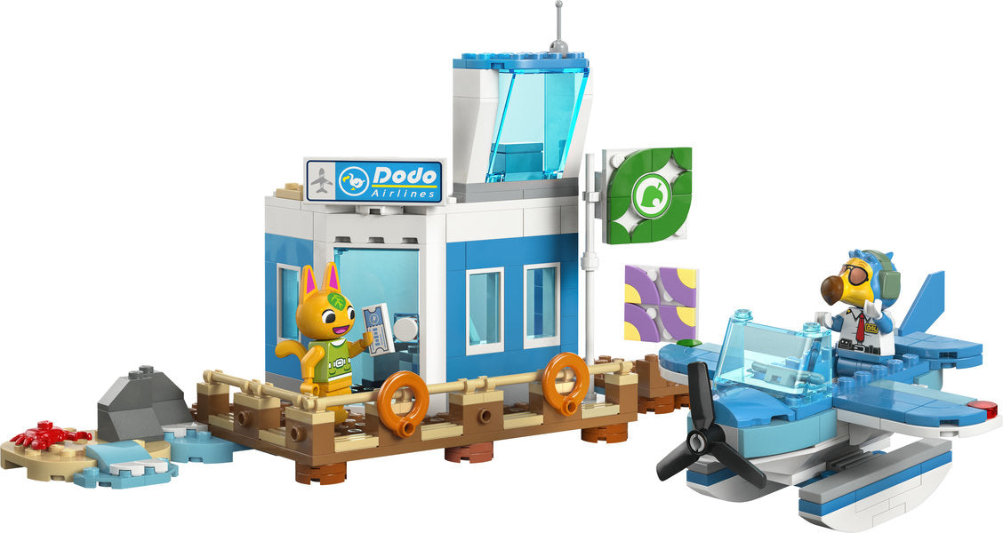 LEGO Animal Crossing Fly with Dodo Airlines set with airport, seaplane, minifigures, and jetty for imaginative play.