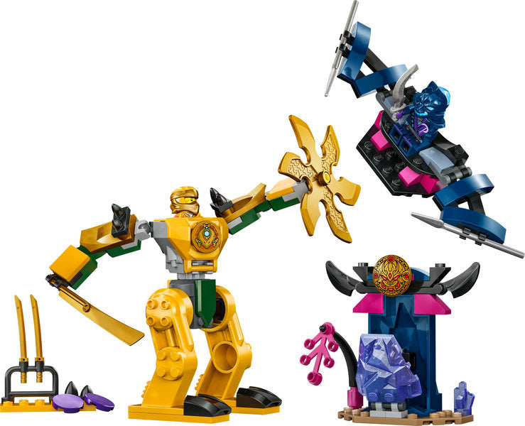 Ninjago Arin's Battle Mech toy set with posable mech, rotating blade, Arin minifigure, flyer, crystal cave, and weapons rack.
