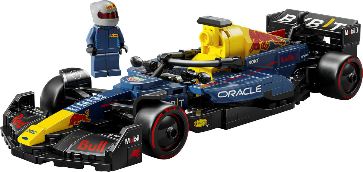 Speed Oracle Red Bull Racing LEGO model with F1 driver minifigure, detailed cockpit, sponsor stickers, and rear wing.