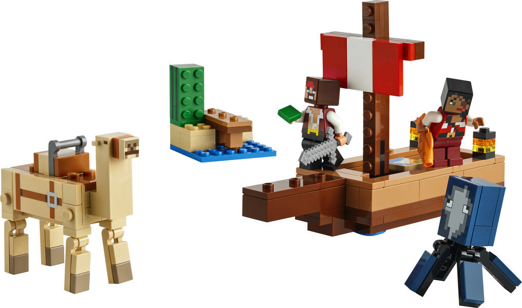 Minecraft The Pirate Ship Voyage LEGO set with pirate ship, camel, squid, minifigures, and accessories for imaginative play.