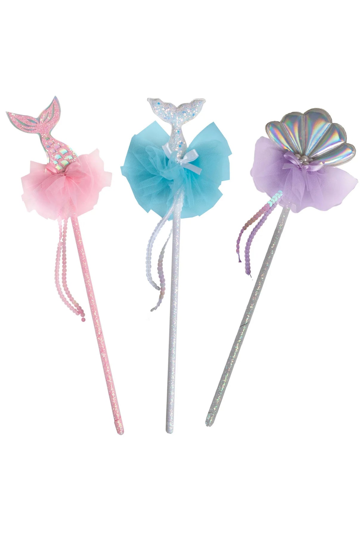 Mermaid Wand set with pink, blue, and purple tulle, glittery handles, and sea-themed toppers for kids ages 3 and up.