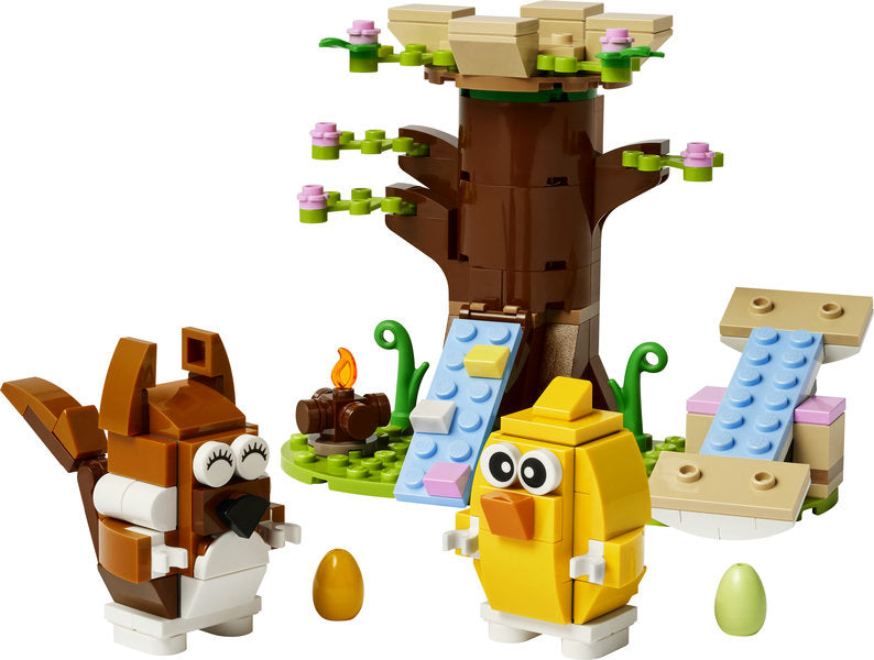 Seasons Spring Animals Playground with squirrel, bird, treehouse, ramp, seesaw, campfire, and colorful Easter eggs.