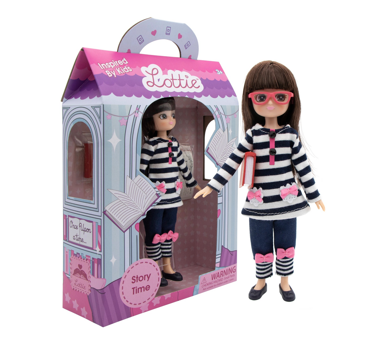 Lottie Story Time doll with pink glasses and striped outfit beside a storybook themed package