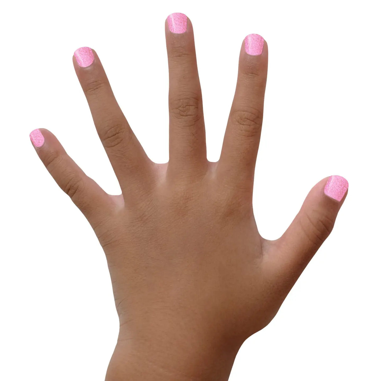 Hand with nails painted in vibrant pink color showcasing Nail Polish Tickled Pink water-based, cruelty-free formula.