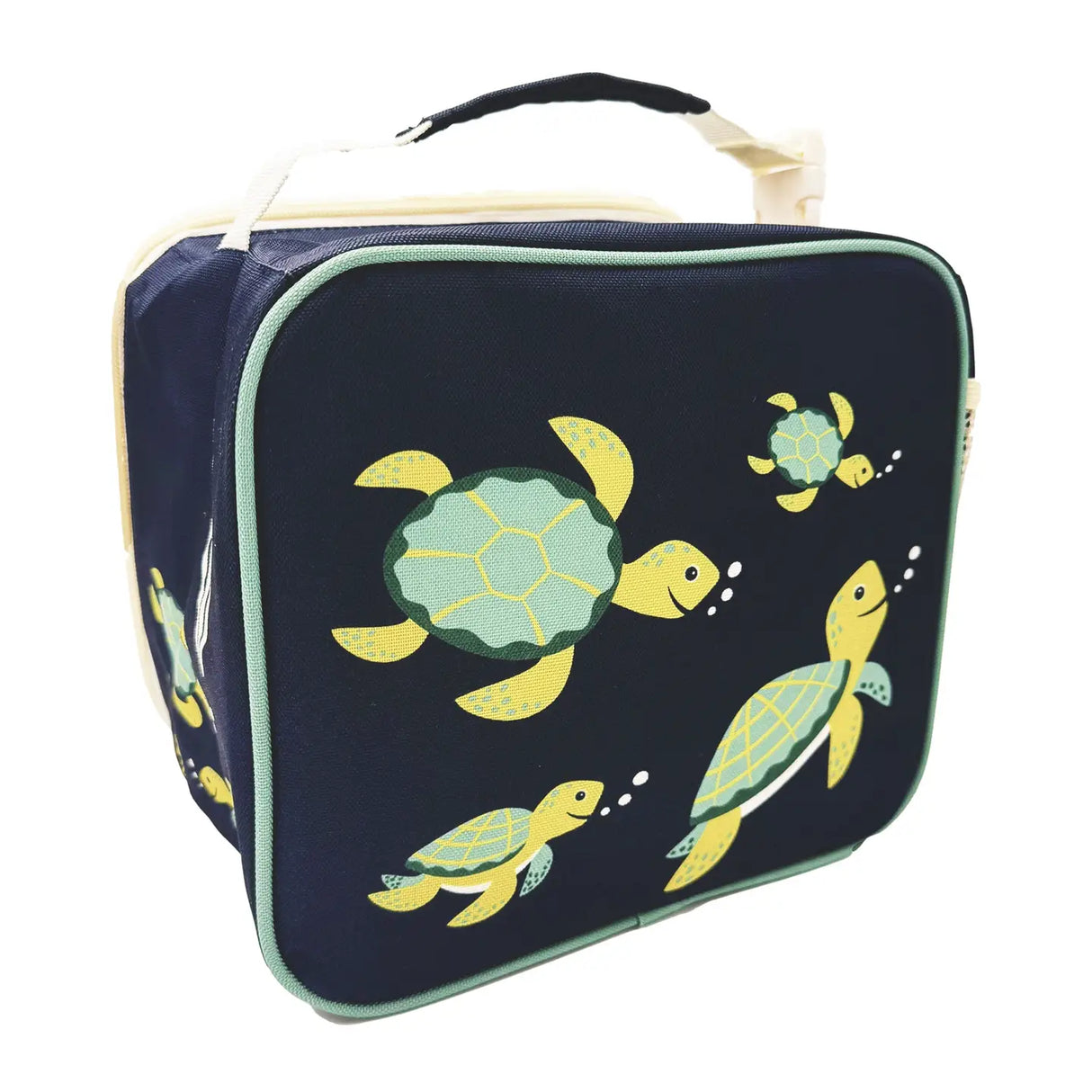 Insulated lunch tote with sea turtle design, kid-friendly zipper, handle, and side pocket for water bottle.