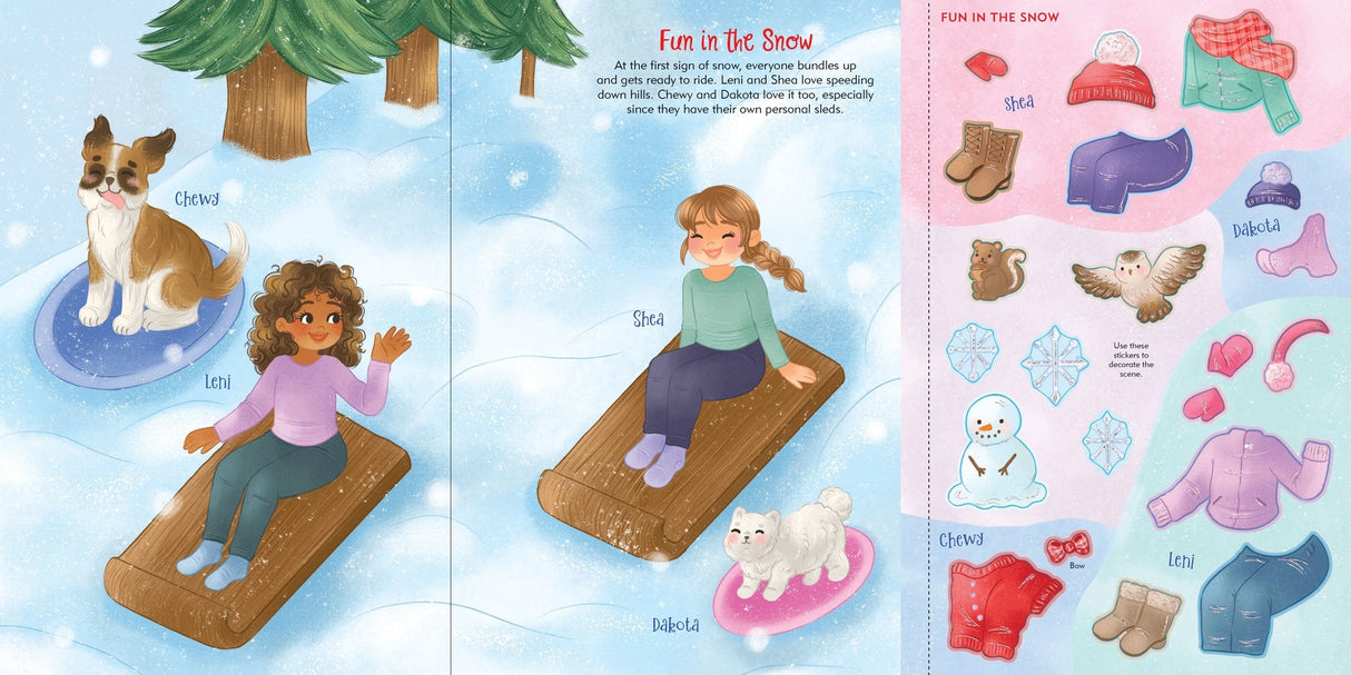 Children sledding with puppies in a snowy scene using colorful winter-themed stickers and outfits