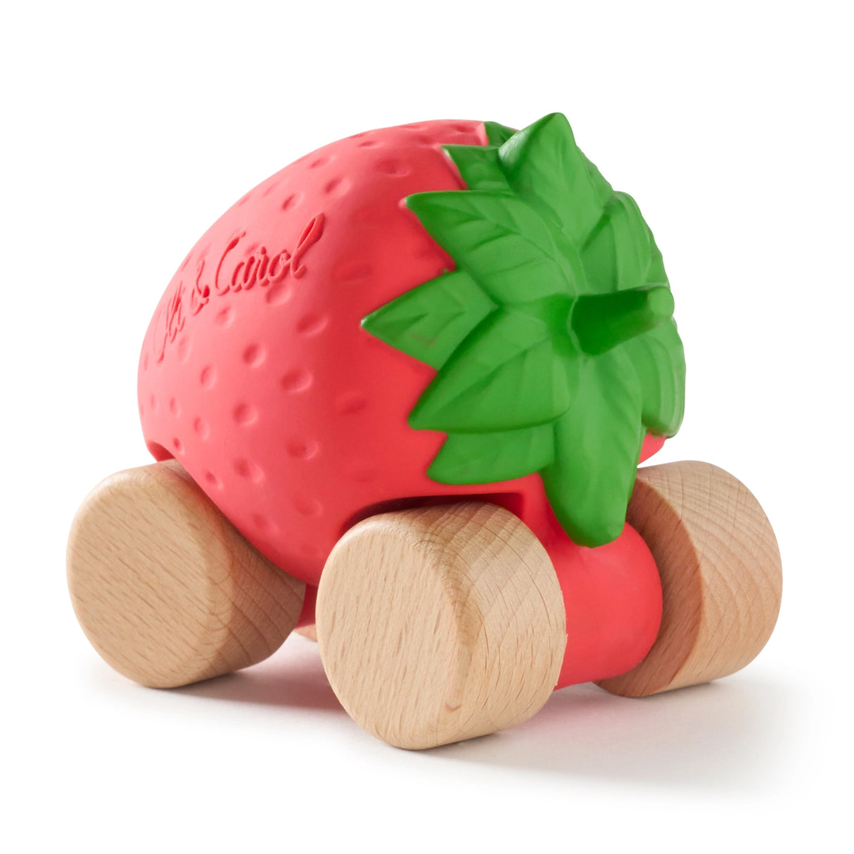 Eco-friendly baby toy car shaped like a red strawberry with natural wood wheels for sensory play