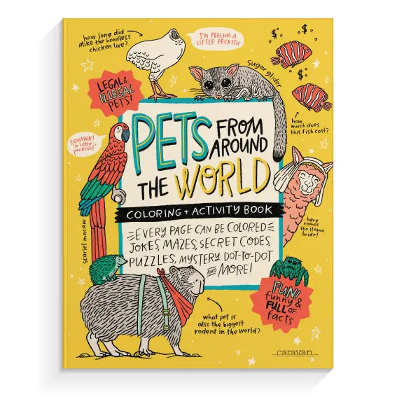 Colorful cover of Pets From Around the World book featuring illustrated animals and fun activity highlights