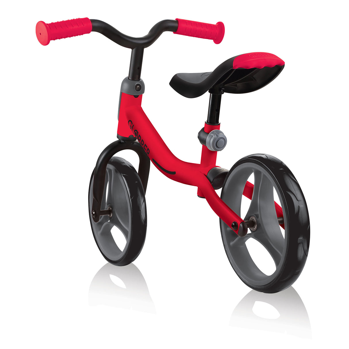 Go Bike | Red toddler balance bike with adjustable seat and T-bar, EVA foam tires for comfort and puncture-free rides.