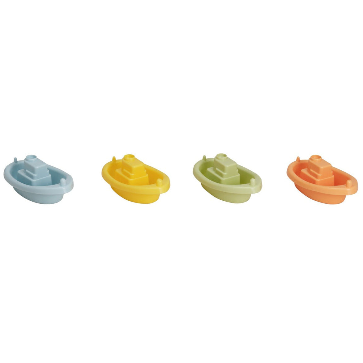 Four pastel-colored Re:line Tub Boat toys in blue, yellow, green, and orange shown side by side on white background.