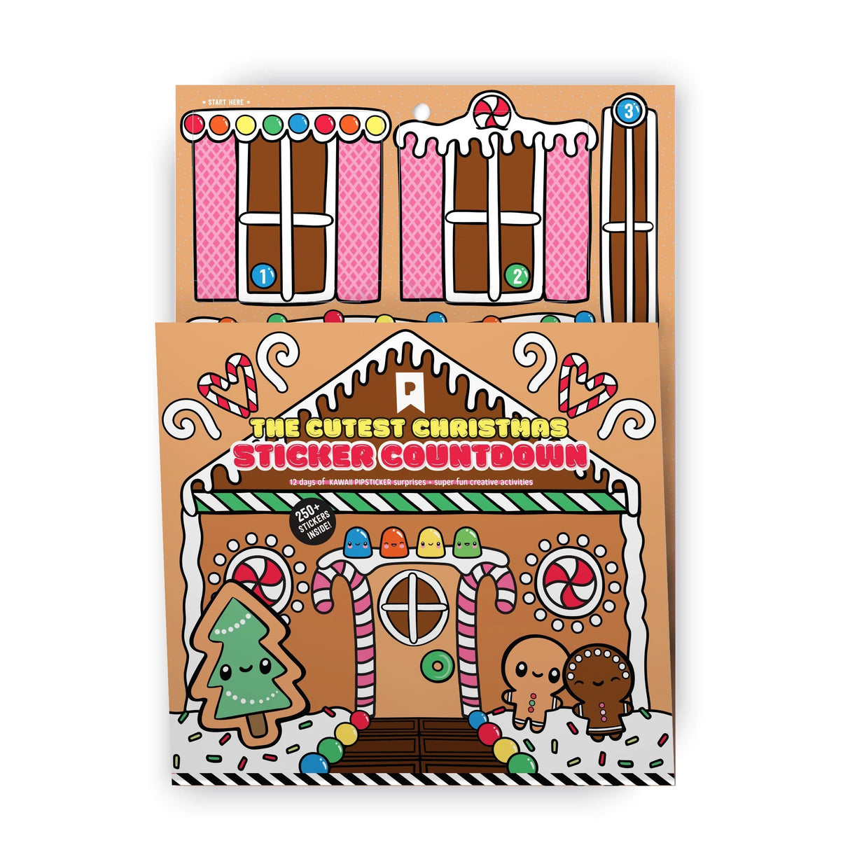 Kawaii Christmas Sticker Advent Calendar featuring a sparkly gingerbread house with cute holiday-themed stickers and countdown windows.