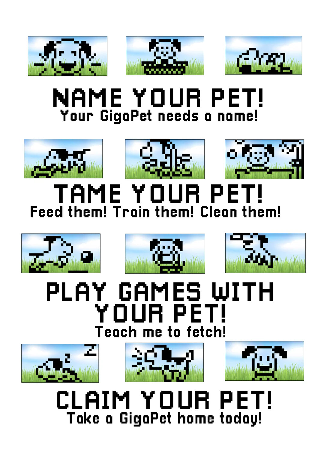GigaPets Pixel Puppy features pixel art pets with activities like naming, feeding, training, playing games, and claiming your pet.