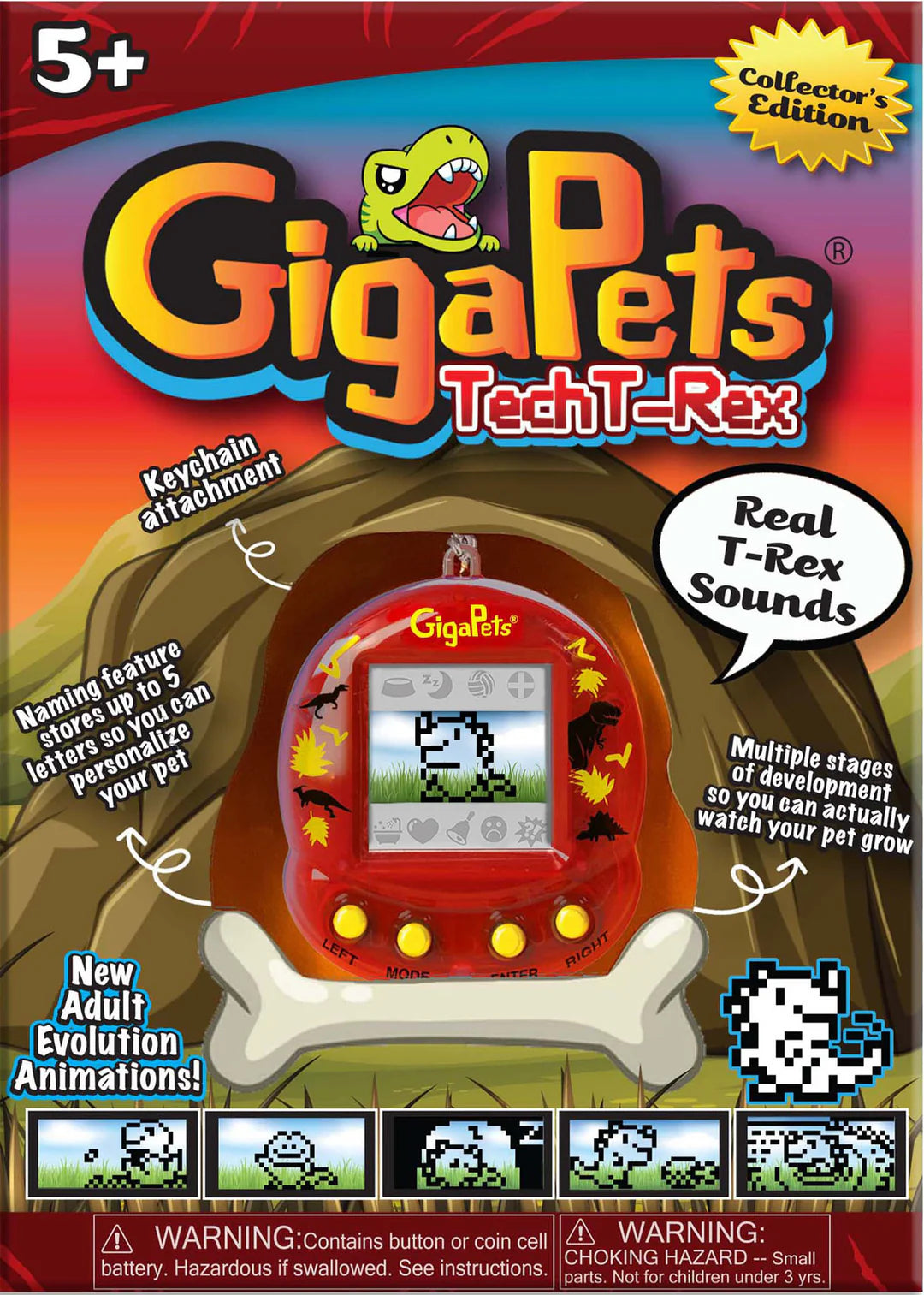 GigaPets Tech T-Rex virtual pet toy with keychain, real T-Rex sounds, and new adult evolution animations, for ages 5 and up.