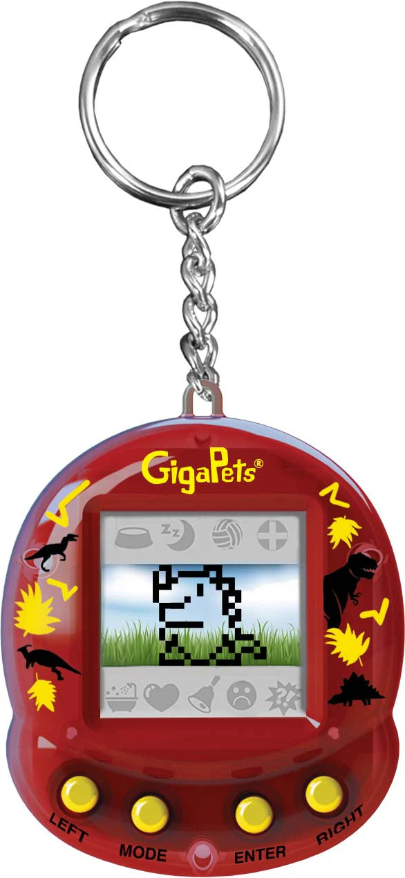 GigaPets Tech T-Rex virtual pet keychain with glossy red shell and pixelated dinosaur display for nostalgic fun.