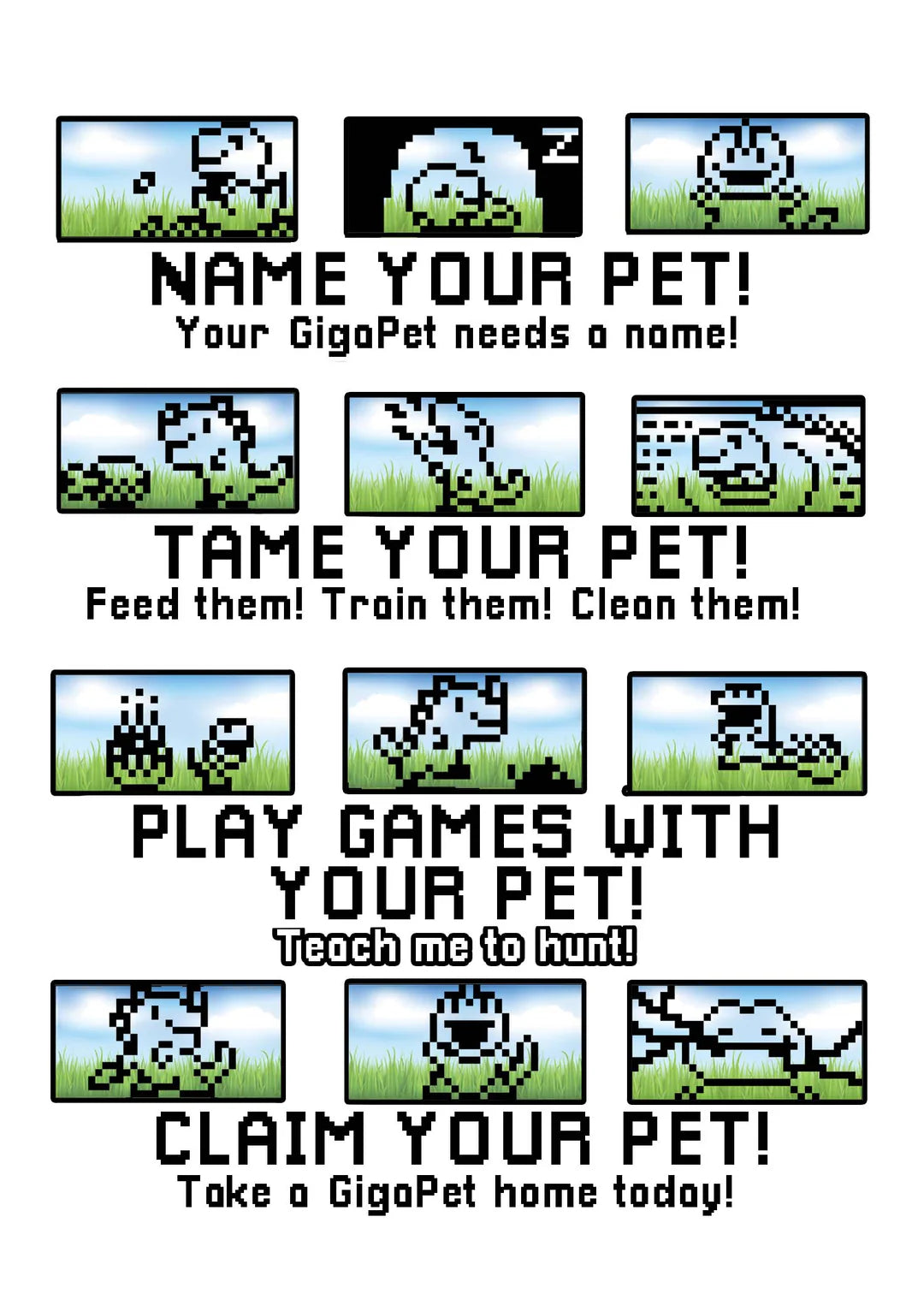 GigaPets Tech T-Rex virtual pet pixel art showing naming, taming, playing, and claiming your digital dinosaur.