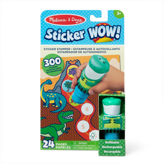 Melissa & Doug Sticker WOW! Dino refillable sticker stamper with 300 dinosaur stickers for fun, mess-free activities.