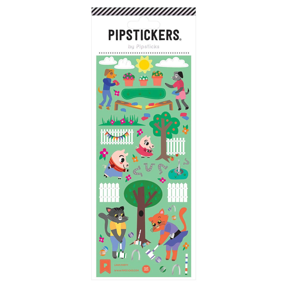 Lawn Party Stickers sheet with playful dog and cat characters gardening with gold foil accents on clear backing.