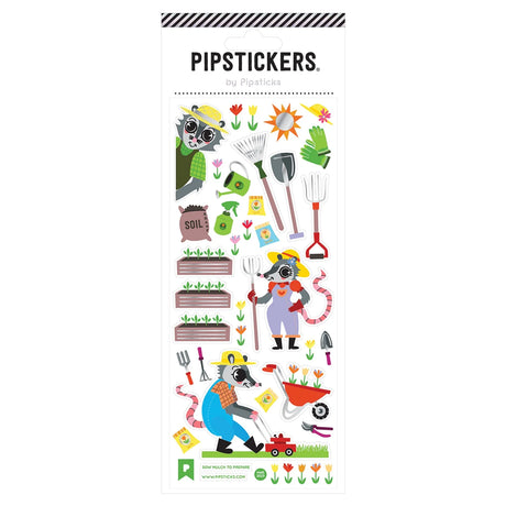 Sow Mulch To Prepare Stickers sheet with gardening animals, tools, and plants featuring holographic silver foil accents.