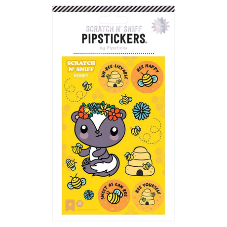 Sweet As Can Bee Scratch 'n Sniff Stickers featuring honey-scented bees and cute animal designs on a bright yellow sheet.