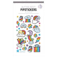 Puffy Cloudbursts Stickers sheet with glitter accents featuring colorful rainbows, clouds, stars, and lightning bolt designs.
